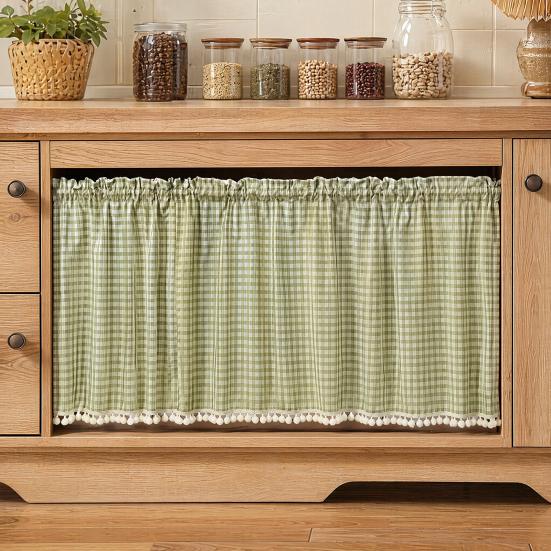 Tende a Quadri Buffalo Check, Tende a Mezza Finestra, Tenda per Finestra Cucina con Pompon, Tende Classiche da Caffè per Cucina, Soggiorno in Stile Farmhouse