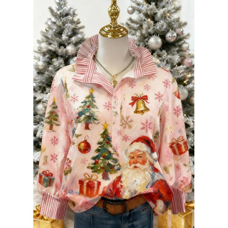 Women's Retro Christmas Pattern Blouse - Turn-Down Collar Long Sleeve, Loose Casual Silhouette, Festive Gift Tree Print Top Suitable for Fall/Winter