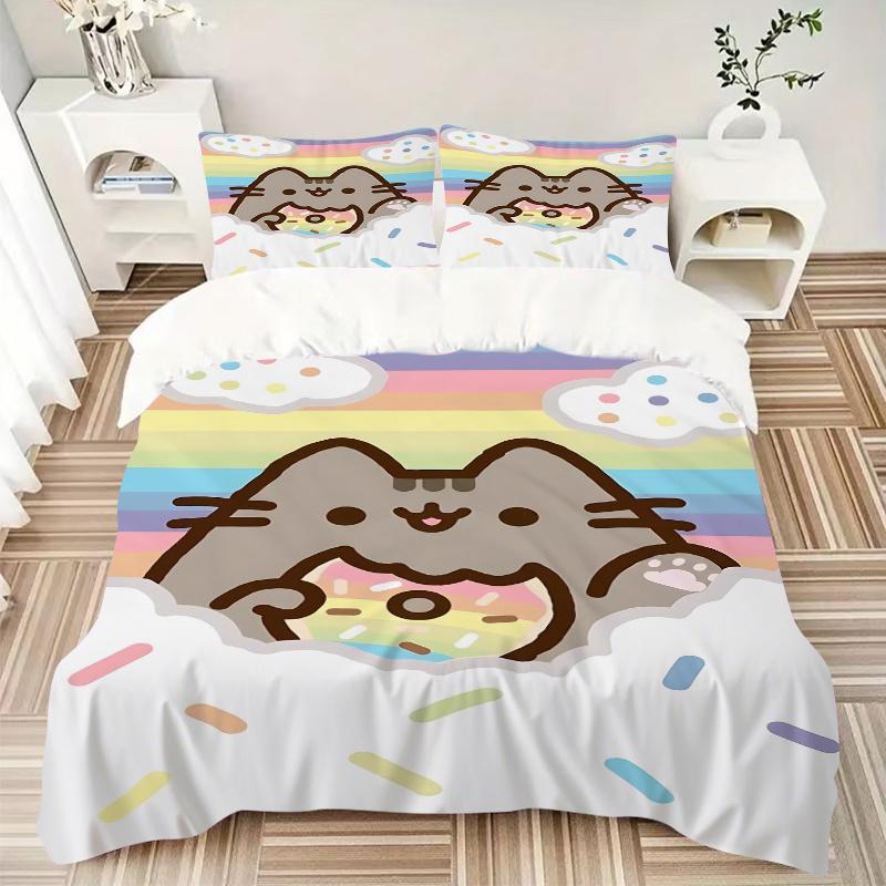 3pcs Rainbow Sprinkle Donut Pusheen Cat Bedding Set-Universal Three-Piece Suit for Bedroom, Guest Room, Living Room, Hotel Decor-Perfect Gif