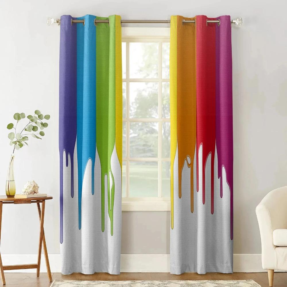 Color Rainbow Red Yellow Blue Paint Window Screen Printed Design Office Indoor Window Curtains Kitchen Curtain Home Cortinas