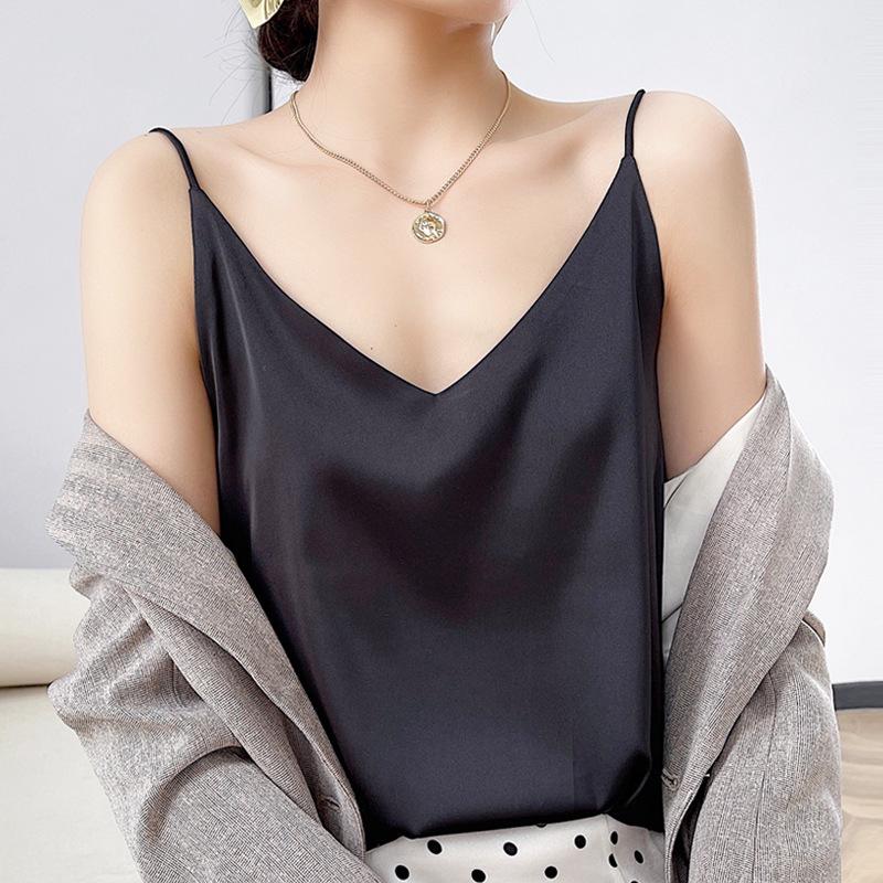 25 Summer Silk Slim-fit V-neck Camisole, Single Strap, Sleeveless, Solid Color, Versatile Imitation Silk Vest