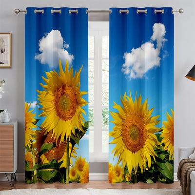 Květinové závěsy s potiskem slunečnic, 100% polyester, tunýlek na tyč, kuchyně, obývací pokoj, ložnice, dekorativní, 2 ks