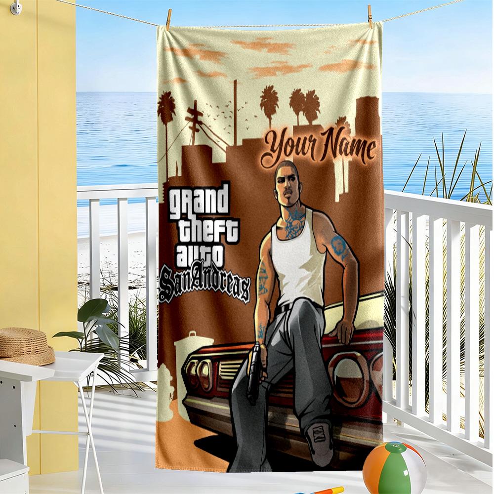 Gta Customizable Name Beach Towel Quick-Dry Soft Microfiber Ideal for Travel Outdoor Swim Pool Yoga Surf Camping Hiking Gym Gift Holiday