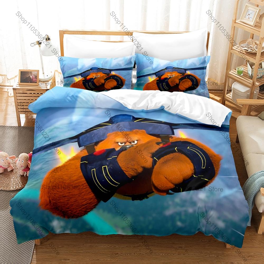Collage Cartoon Orso Grizzy e Lemming Birbanti Scena Comica 3 Pezzi Biancheria da Letto Copripiumino + 2 Federe Decorazione Casa