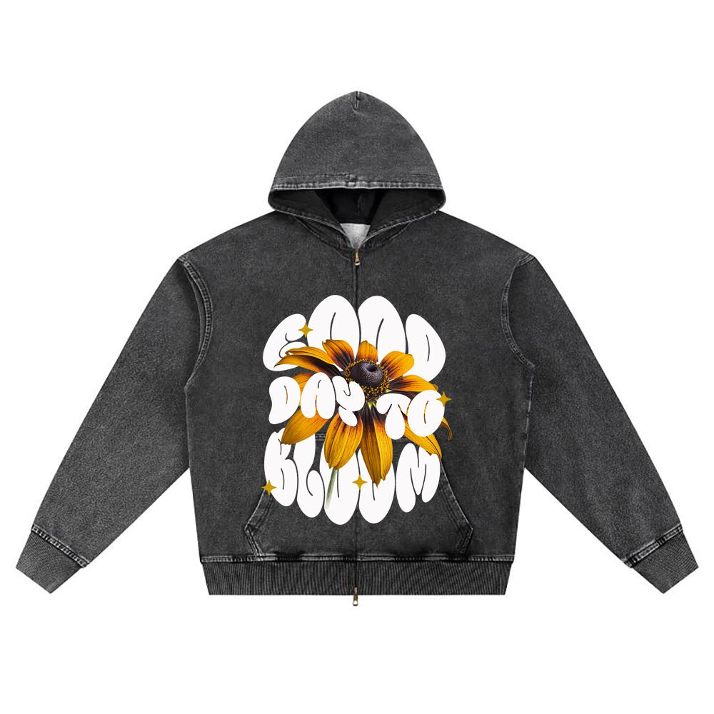 DTG print Knitted Denim Zip-Up Hoodie Good Day to Bloom T Shirt Brother Print Zipper Hoodies