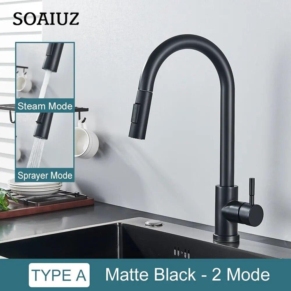 Rubinetto da cucina nero flessibile estraibile 2 modalità ugello miscelatore acqua calda e fredda rubinetto montato sul ponte spruzzatore e flusso SUS 304 rubinetti