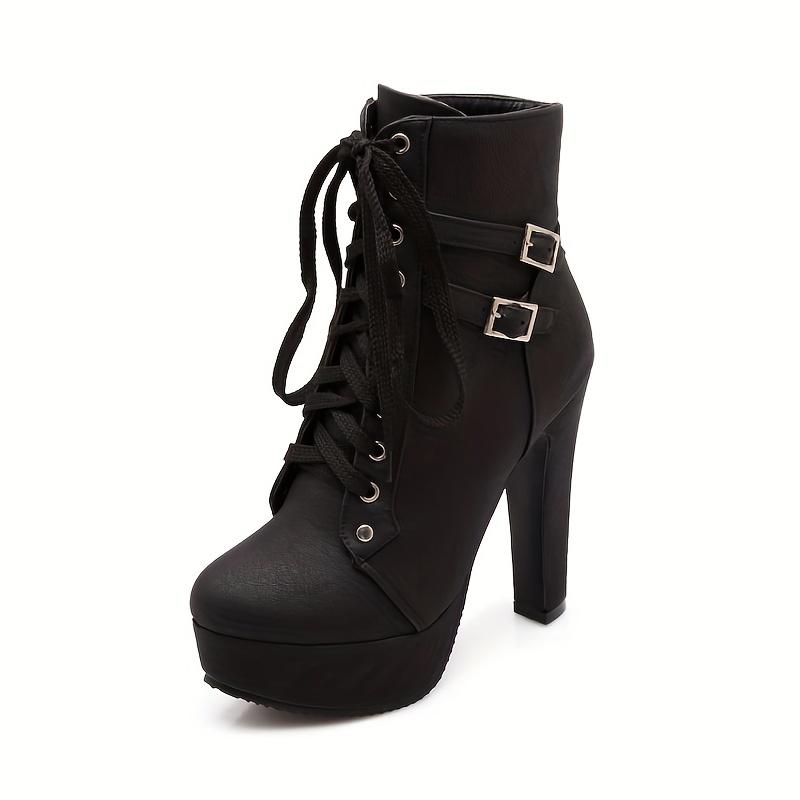 

Comfortable Women s Solid Color Block Heeled Ankle Boots, Fashion Lace Up Short Boots 37 чорний