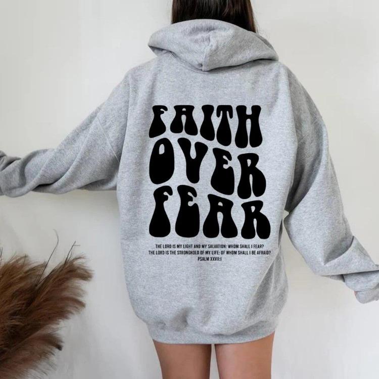 Faith Over Fear Christian Hoodie Religious Graphic Sweatshirt Jesus Pullover Aesthetic Top for Women