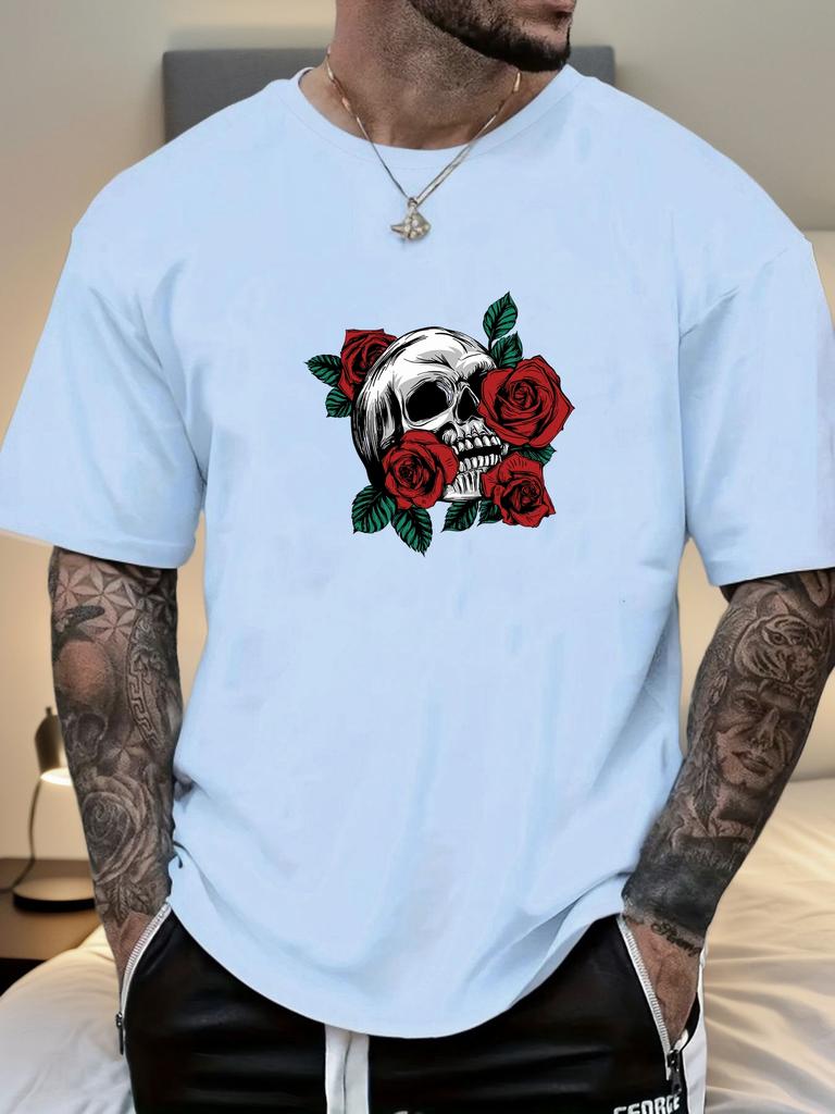 Mens Casual Tshirt Skull Rose Print Short Sleeve Round Neck Breathable Soft Oversized Edgy Daily Wear Tee