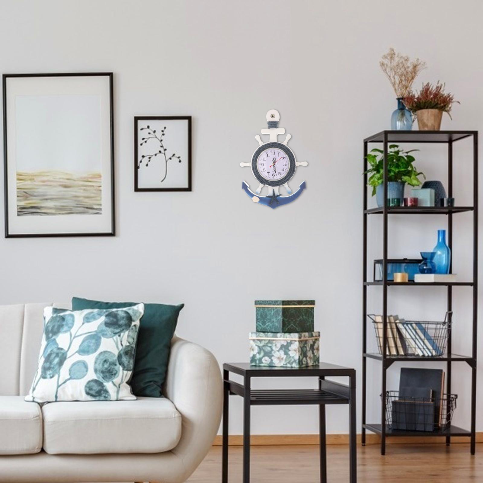 Деревянно-пластиковый якорь для лодки Настенные часы Креативные подвесные часы Зеркальная поверхность Привлекательные Декоративные Средиземноморский стиль 34X23X3CM