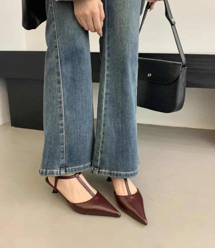 Fashion High Quality Low Small Heel Ankle Strap Women Pumps Sexy Pointed Toe Soft Leather High Heels Elegant Office Shoes Heeled Sandals