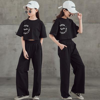 Girls Clothing Summer Suit Casual Letter T-shirt High Waisted Wide Leg Pants 2 Children's Tracksuit Black Teen Clothing