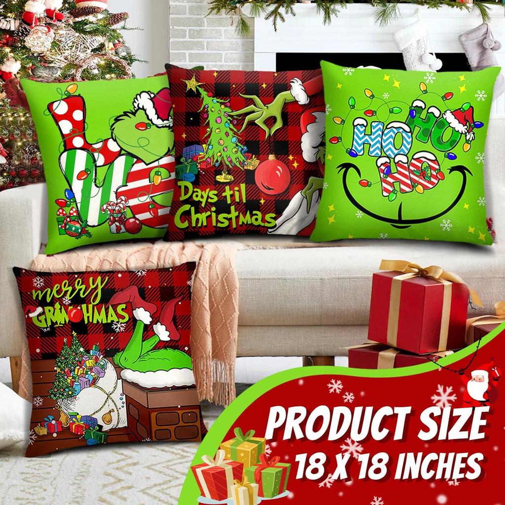 4PCS Christmas Happy Throw Pillow Cover, 18 X 18 Inch, Winter Holiday Cushion Cover Sofa Decor