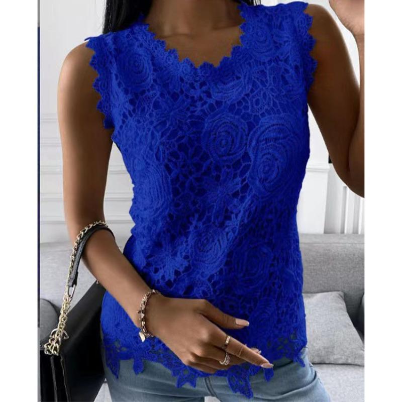 Women's Clothing Summer T-Shirts Top Solid O Neck Vest Lace Shirt