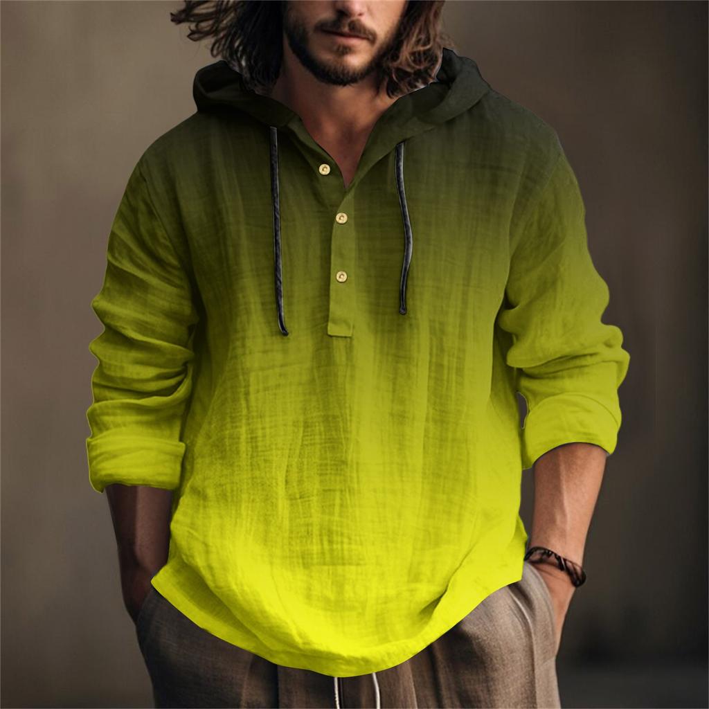 Camicia da Uomo Stampata in Cotone e Lino con Cappuccio a Maniche Lunghe con Cappuccio Primavera ed Estate Casual da Indossare Tutti i Giorni