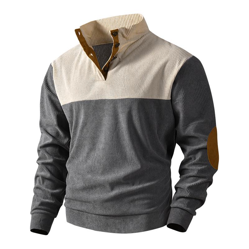 Men s Beige Gray Color Block Corduroy Long Sleeve Henley Sweater S