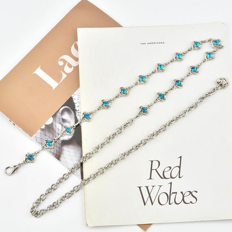 European and American Fashionable Blue Rhinestone Waist Chain for Women Simple Matching Dress Decorative Metal Waist Chain for Women