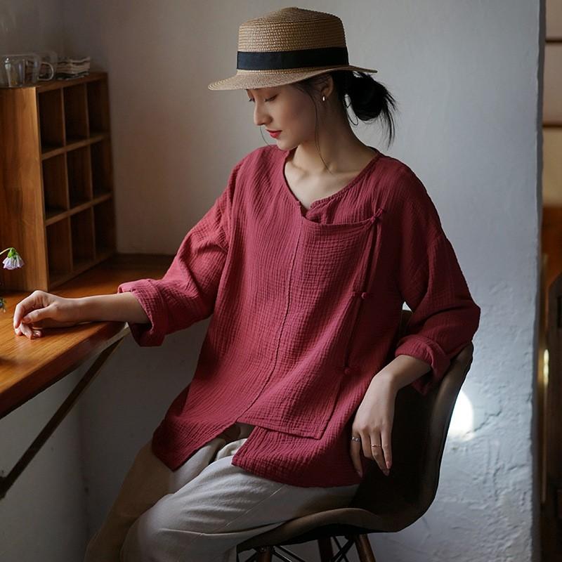 Johnature Kvinner Vintage bomullsskjorter Topper V-hals Langermet vårbluser Ensfarget knappe skjorter i kinesisk stil