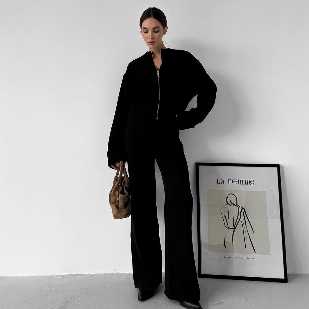 Knitted Long-sleeved Wide-leg Trousers Set, European, American Autumn and Winter New Zipper Jacket Trousers Casual Suit