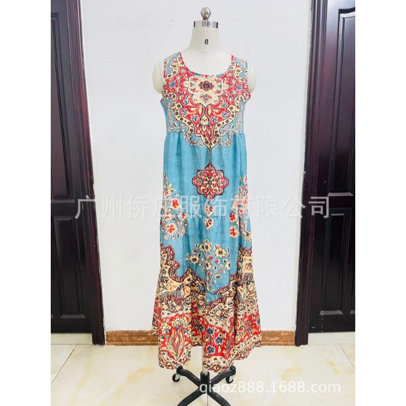 Printed Sleeveless V-neck Vest Dress Fashion Vacation Loose A-line Vintage Bohe Dress for Women O Neck Summer Elegant Fashion Casual Simple Clothing