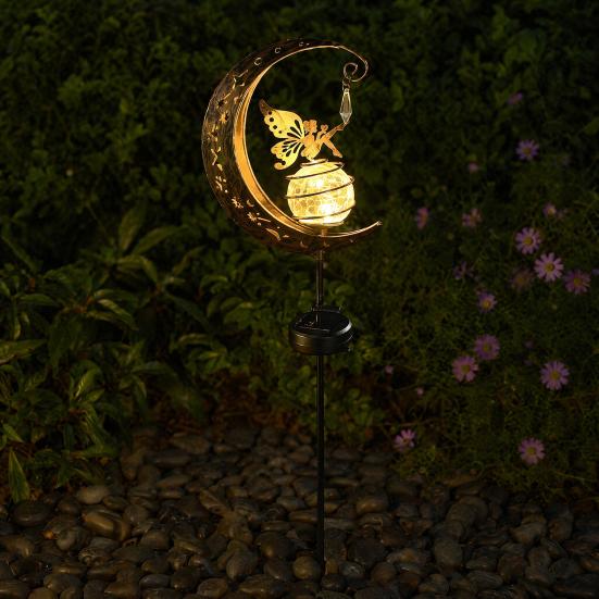 Fairy Moon Solar Garden Stake Light, Waterproof Half Moon LED Pathway Decor, Crackle Glass Ball LED Light, Metal Crescent Lamp for Outside Yard Patio