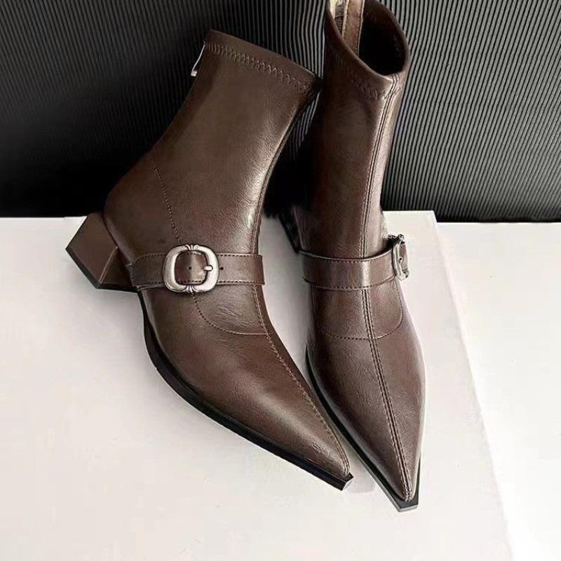 

Fall New Pointed Toe Side Zipper Metal Buckle Soft Sole Anti-slip Wear-resistant Square Heel Booties 42 коричневий