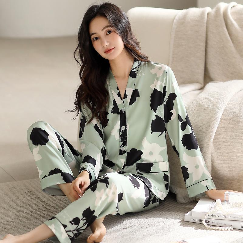 Pajamas Ladies Summer Silk Ice Silk Long Sleeve Homewear Simulation Silk Spring and Autumn Thin Skinny Suit
