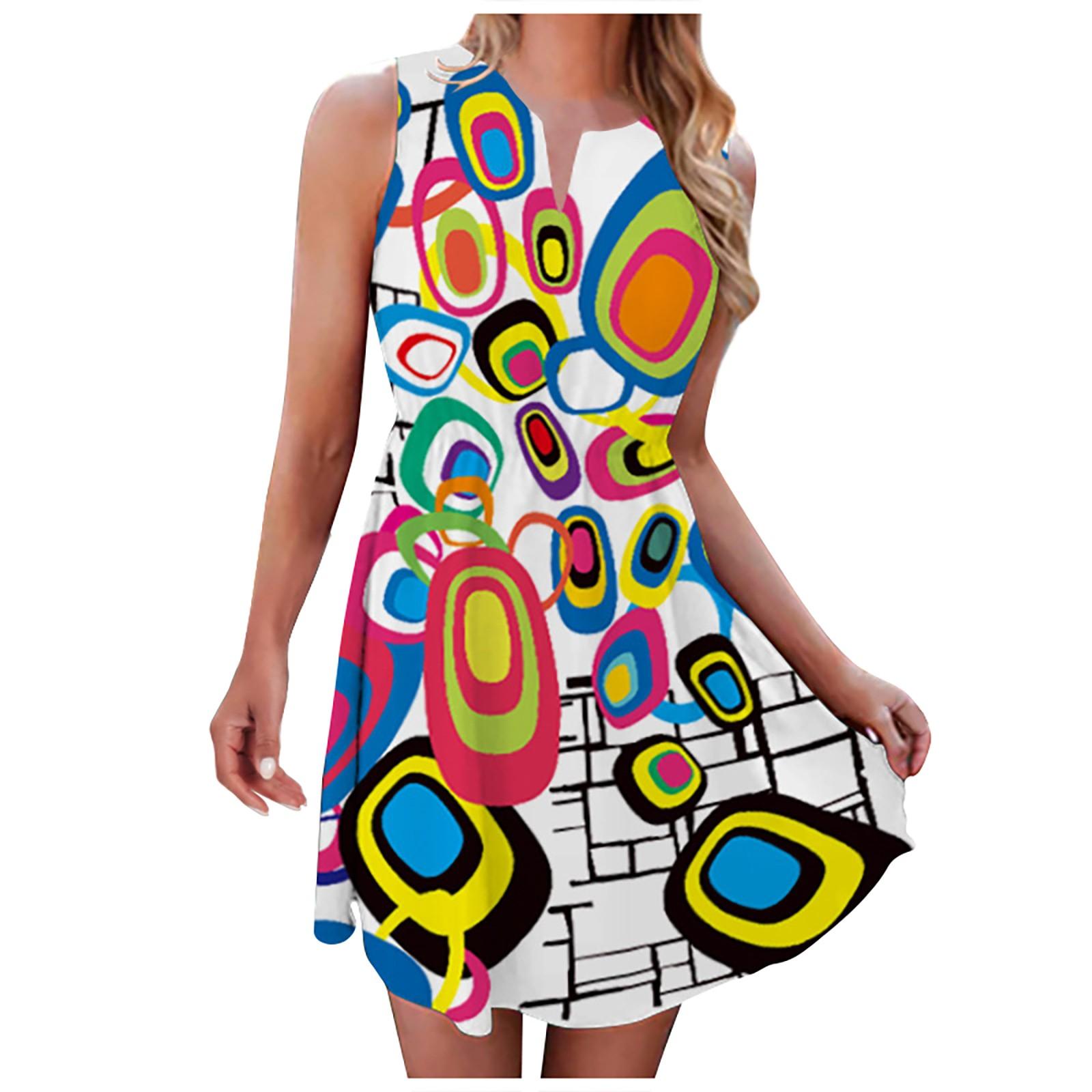 

(SU)Женское летнее повседневное модное пуловерное платье без рукавов с v-образным вырезом и принтом