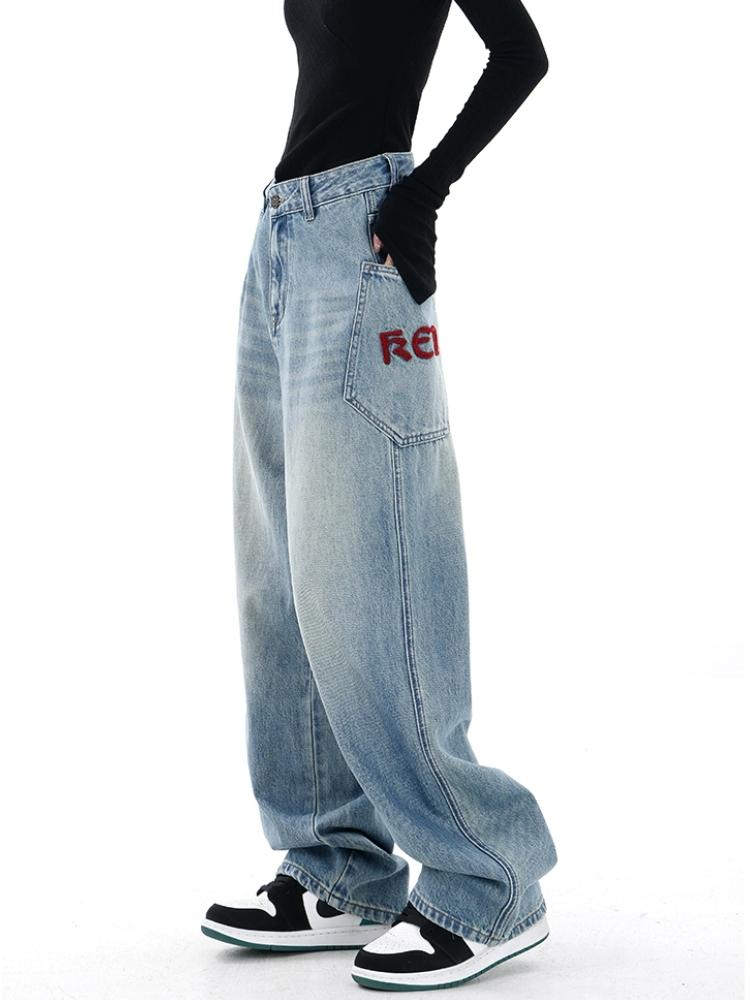 

Harajuku модные джинсы с вышивкой букв, женские карманы с высокой талией, широкие брюки в стиле ретро, ​​винтажные прямые свободные брюки, уличная одежда XL синий