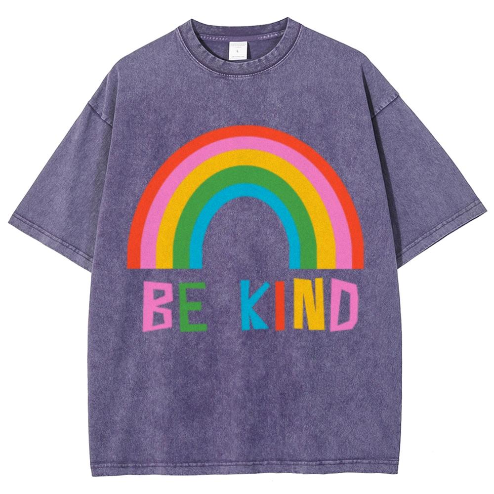 Be Kind Rainbow Print Women's T-Shirt Oversized Loose Wash Short Sleeve Unisex Fashion Design Casual Niche Top