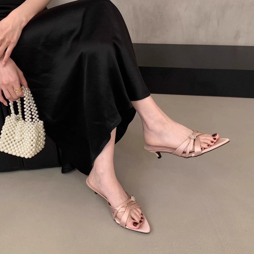Fashion Shoes Pointed Toe Ladies' Slippers Women Heels Big Size High Slides Shoes Woman 2025 Big Size Slippers Heels Pointed Toe High