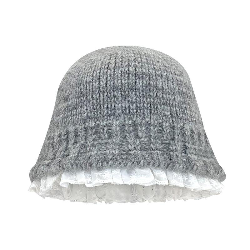 1Pieces Lace Knitted Bucket Hat Women's Autumn And Winter Street Sweet Versatile Outdoors Warm Casual Mountaineering Hat