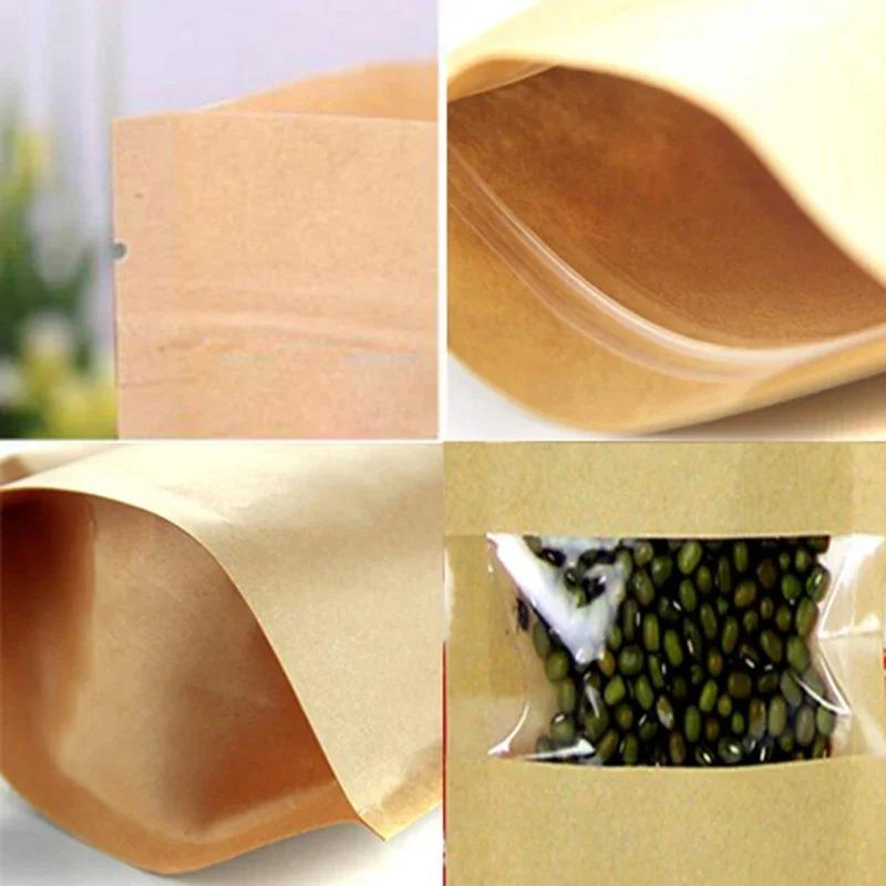 100 Stück selbsttragende Beutel aus Kraftpapier mit Sichtfenster, dicker, selbstdichtender Beutel für Lebensmittel, feuchtigkeitsbeständig, für Snacks und Süßigkeiten