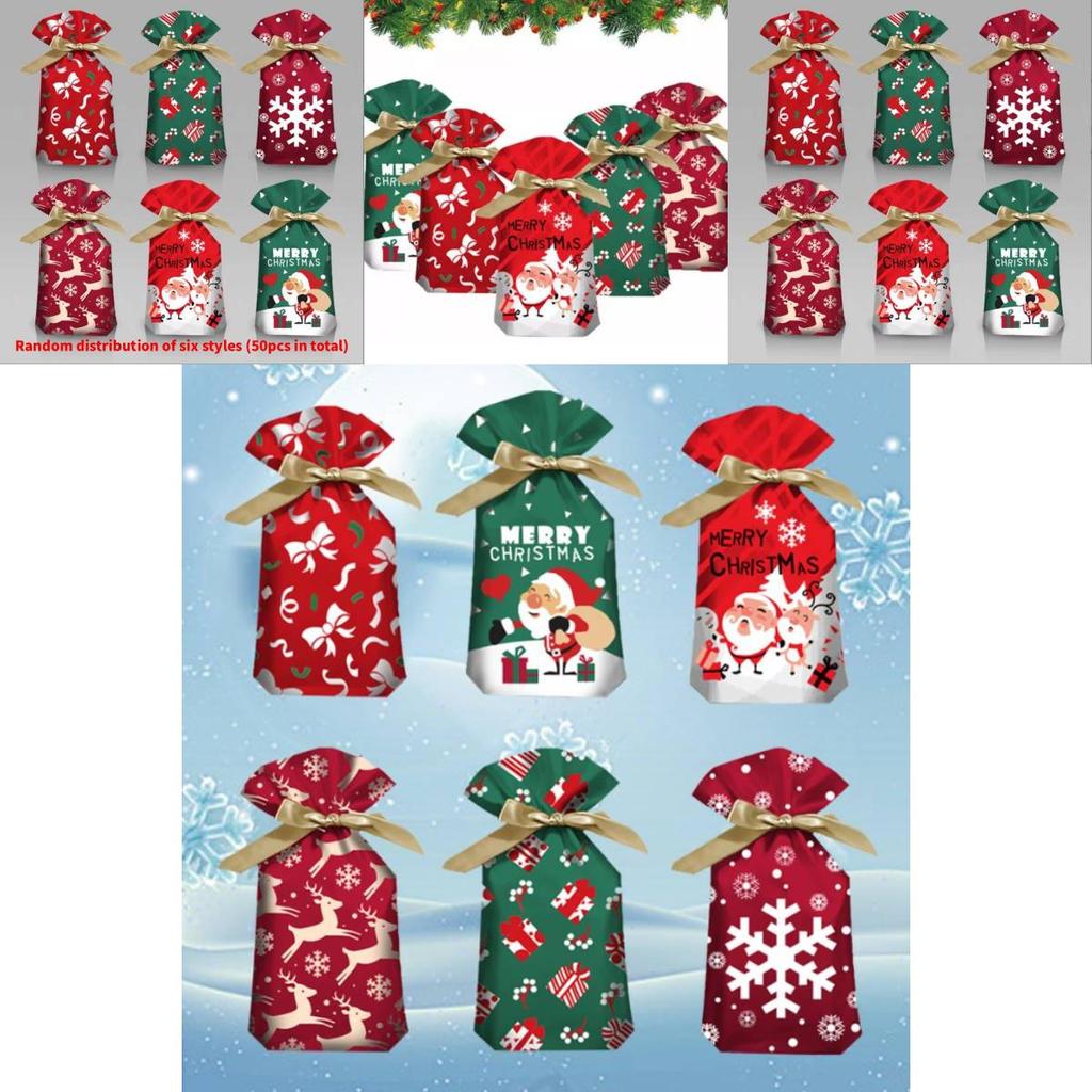 Christmas Gift Bag With Drawstring Ribbon Santa Print For Holiday Packaging