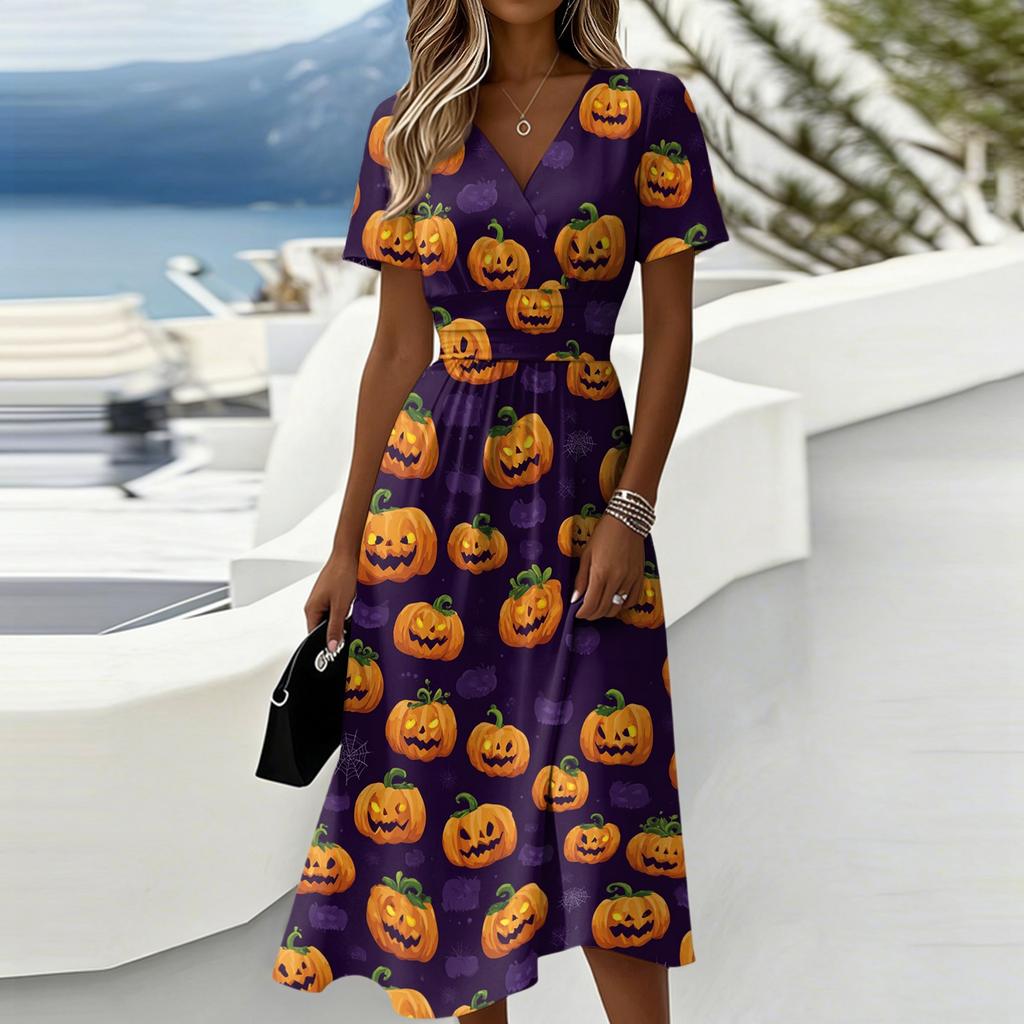 Women Halloween Print Casual Short Sleeve V Neck Midi Dress Comfortable Relaxed Fit Seasonal Patterned Design