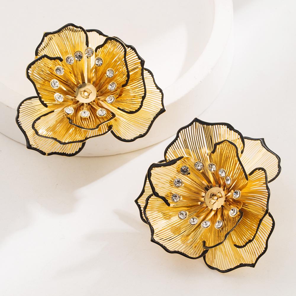 Elegant Hollow Multi-Layer Floral Rhinestone Camellia Earrings with Silver Needles
