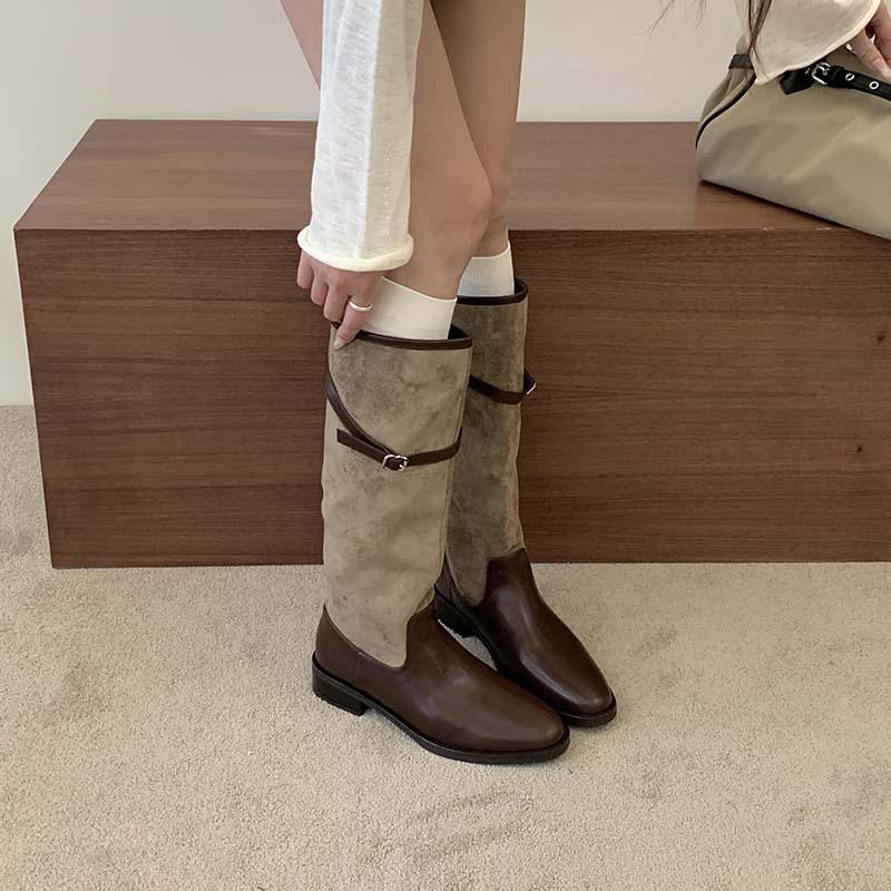 New retro style belt buckle suede splicing western knight boots women's thin thick heels but knee boots