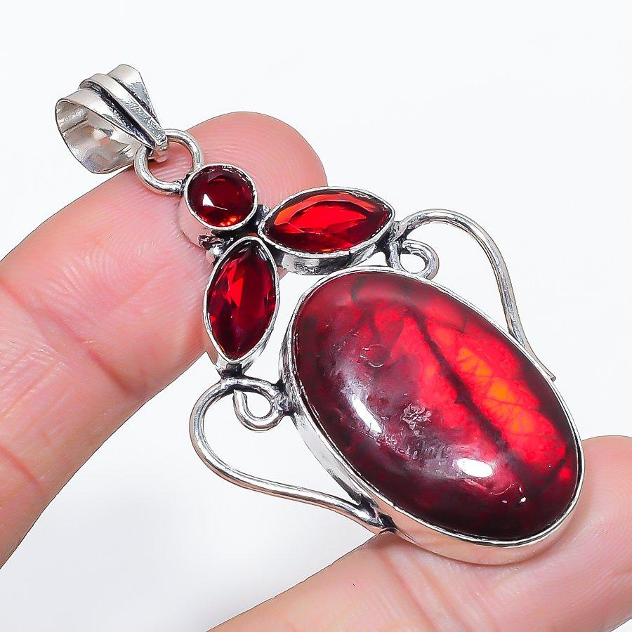 Natural Red Labradorite, Garnet 925 Sterling Silver Jewelry Pendant 2.40" I8w30