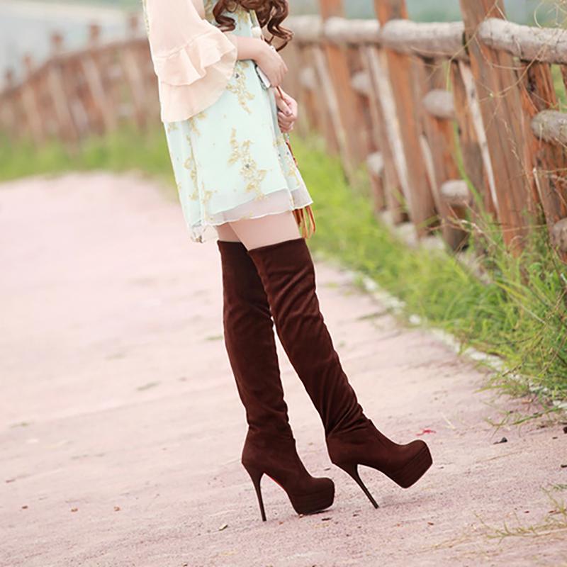 Superhohe Wasserdichte Plateau Stilettoabsatz Winter Damen Flock Stiefel Kurzer Plüsch Hoher Absatz Überknie Stiefel in Großen Größen