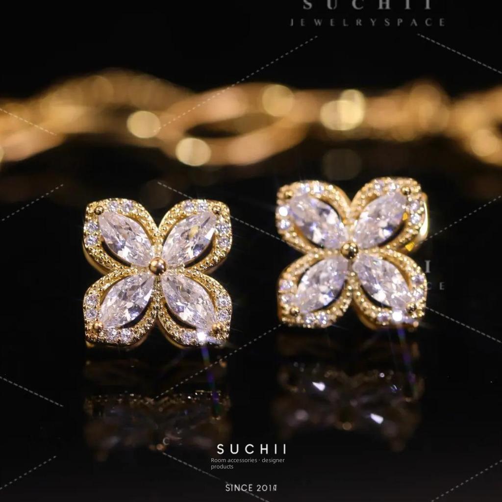 925 Silver Rotating Four-Leaf Flower Earrings, Necklace, and Ring Set for Women