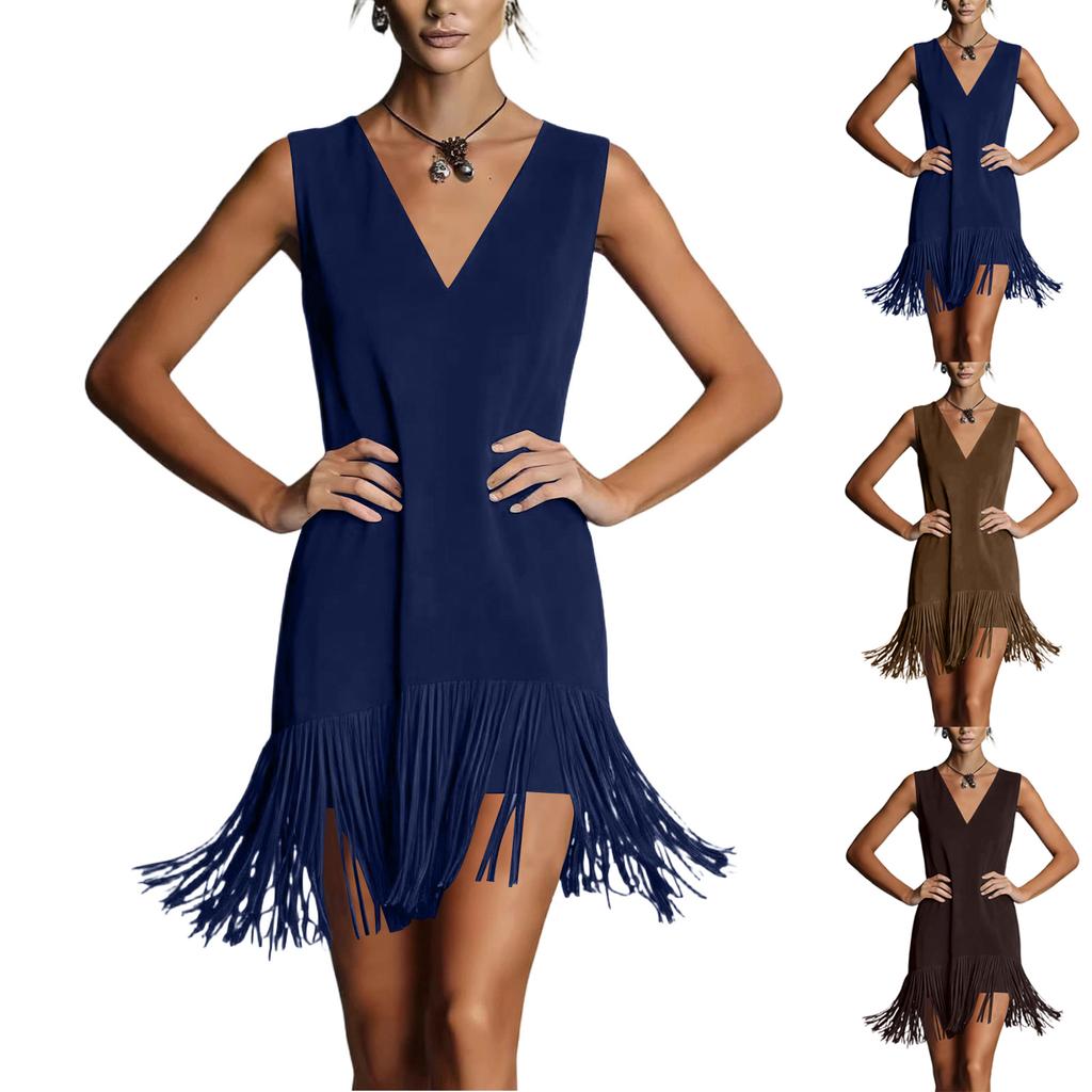Women's Fashion V-neck Color Sleeveless Dress