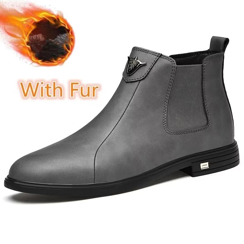 Fashion Winter Plush Warm Men Chelsea Boots Formal Business High Top Shoes British Style Ankle Boots Genuine Leather Male Business Shoes