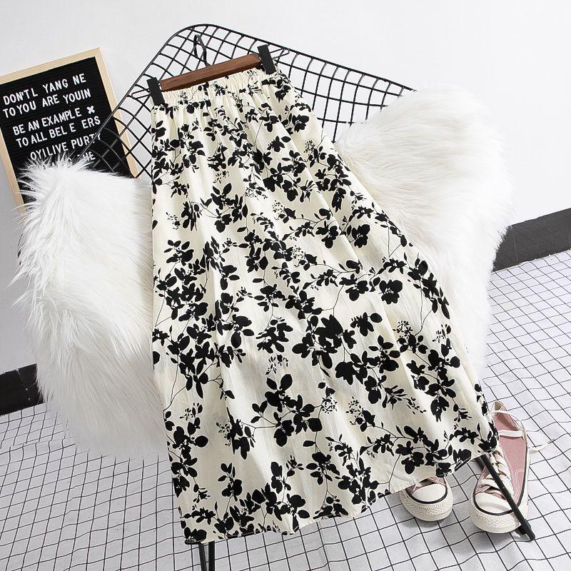 Women's Black & White Floral Chiffon Midi Skirt - High Waist A-Line Summer Style