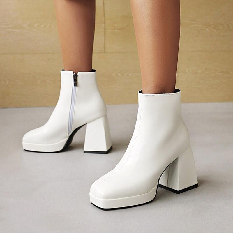 Bonbonfarbene Damenstiefel Kundenspezifische eckige Zehen Lackleder Hohe Absätze Stiefeletten Damen Plateau-Schuhe Winterpumps Botas WSH4986