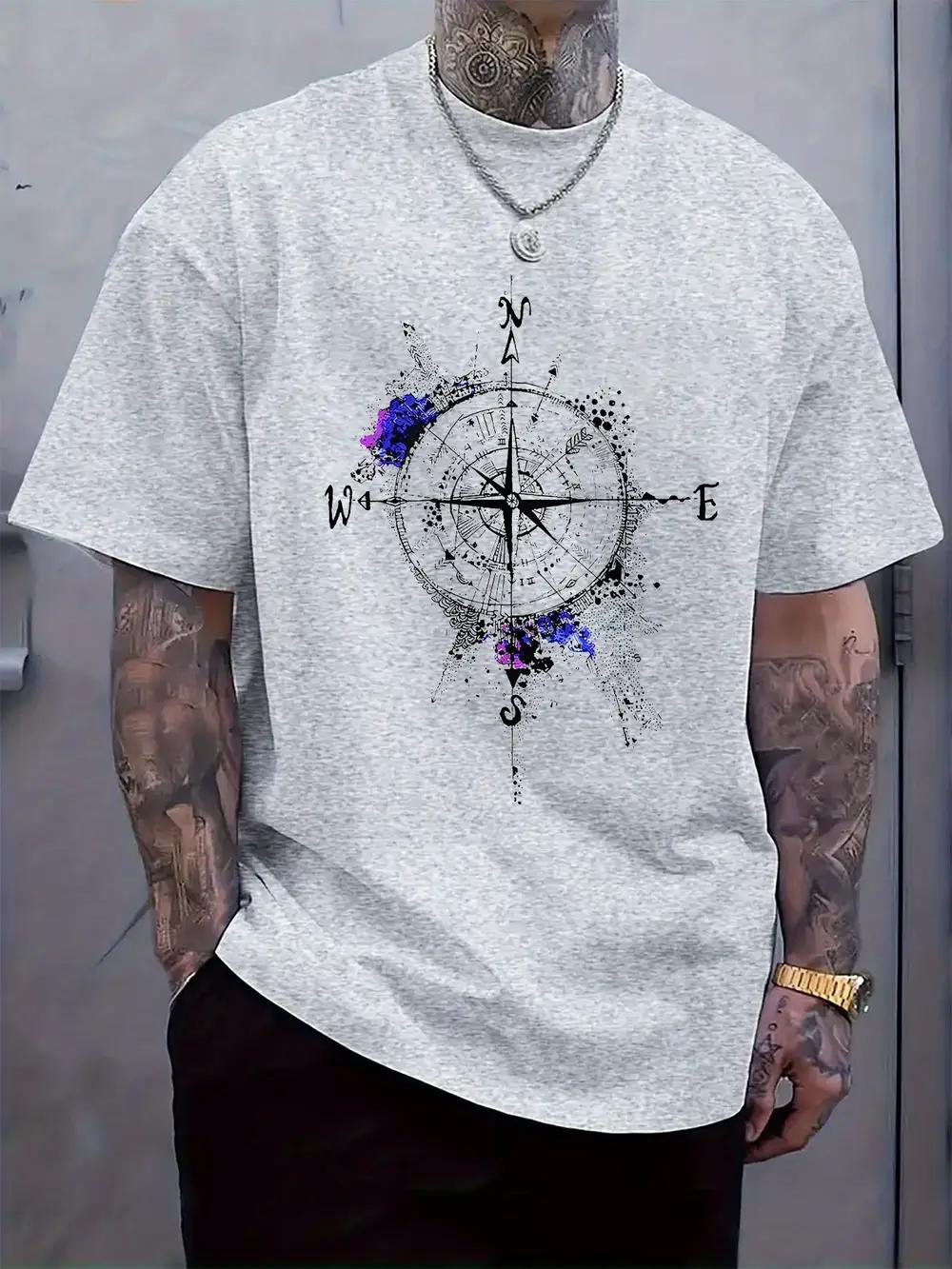 Black Graphic T-shirt with Compass Design - Casual Crew Neck S