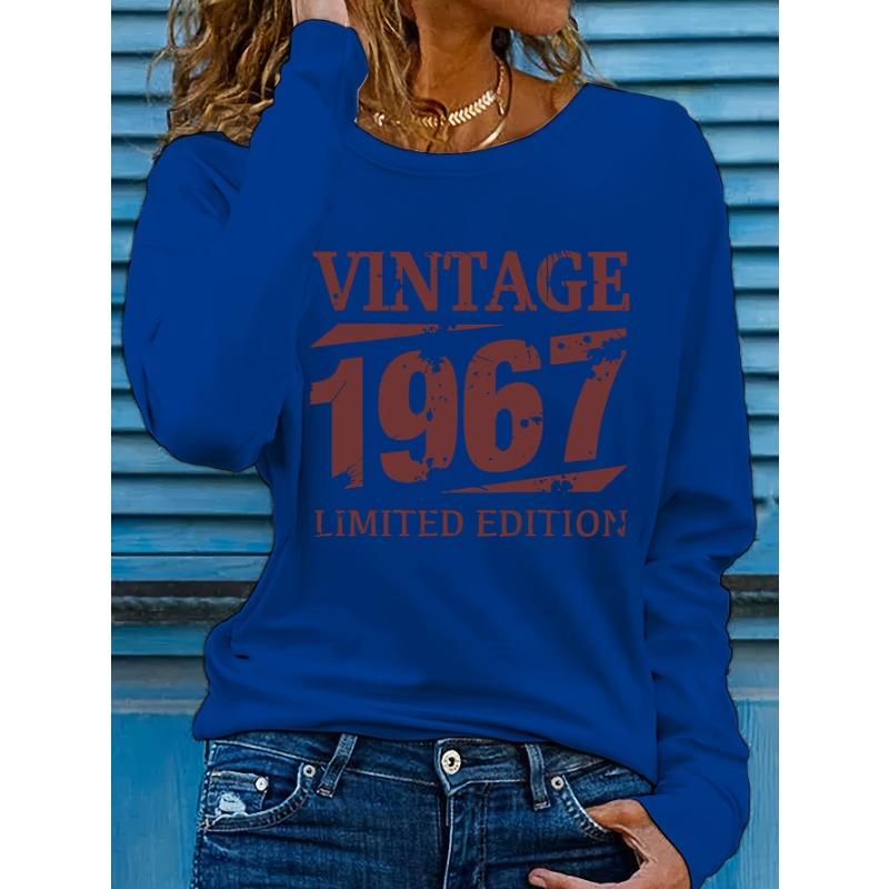 Women's Spring and Autumn Fashion Casual VINTAGE 1967 Letter Printed Round Neck Long Sleeve T-shirt Top