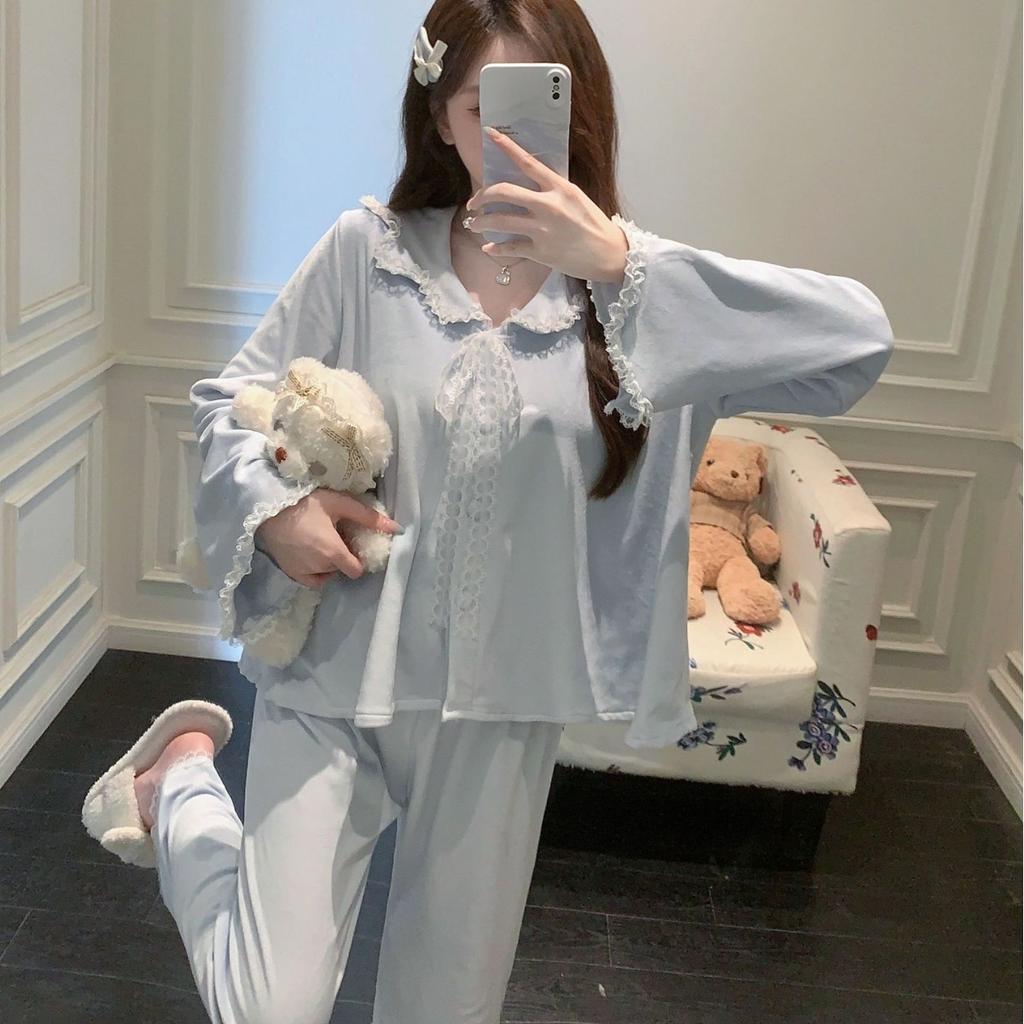 Autumn new double-sided island velvet pajamas women's new lace solid color long-sleeved trousers doll collar loungewear sweet