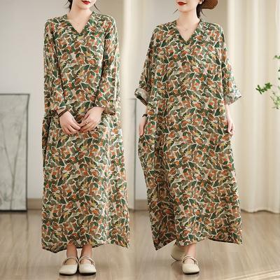Real Early Spring New Holiday Style Travel V-neck Literary and Retro Medium and Long Meat-covering Cotton and Linen Dress