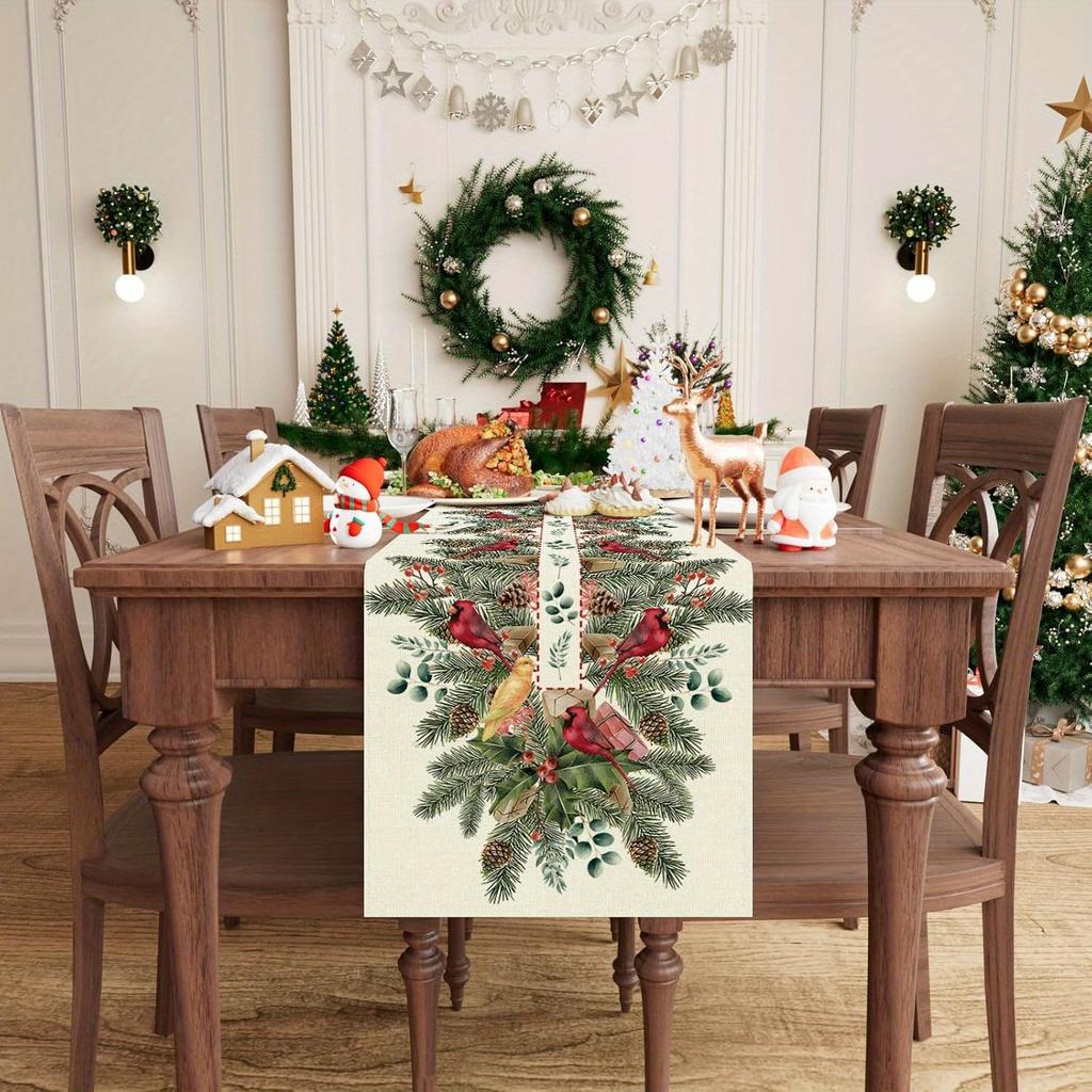 Christmas Pine Needle Cardinals Linen Table Runner Party Decor Winter Holiday Kitchen Dining Table Runner Christmas Decorations