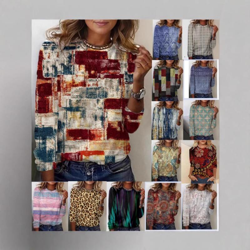 Trendy Women's Round Neck T-shirt 3D Digital Printed Long Sleeved T-shirt